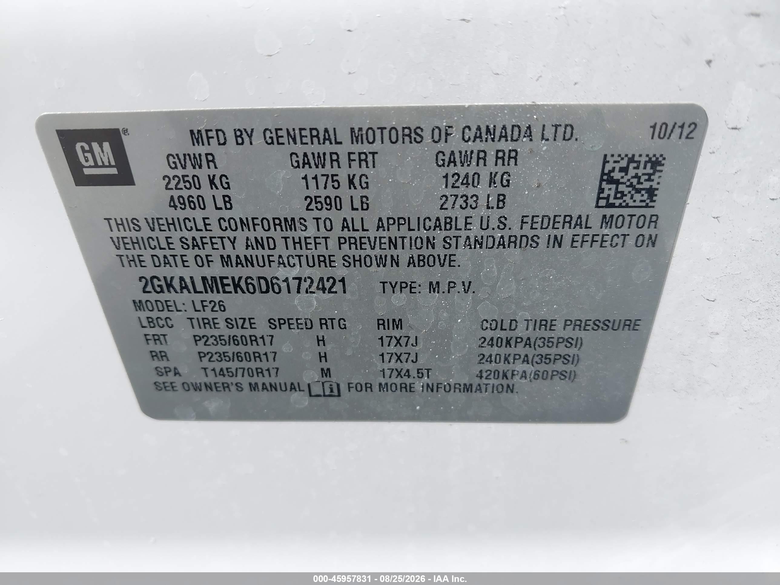 2013 Gmc Terrain Sle-1 White vin: 2GKALMEK6D6172421