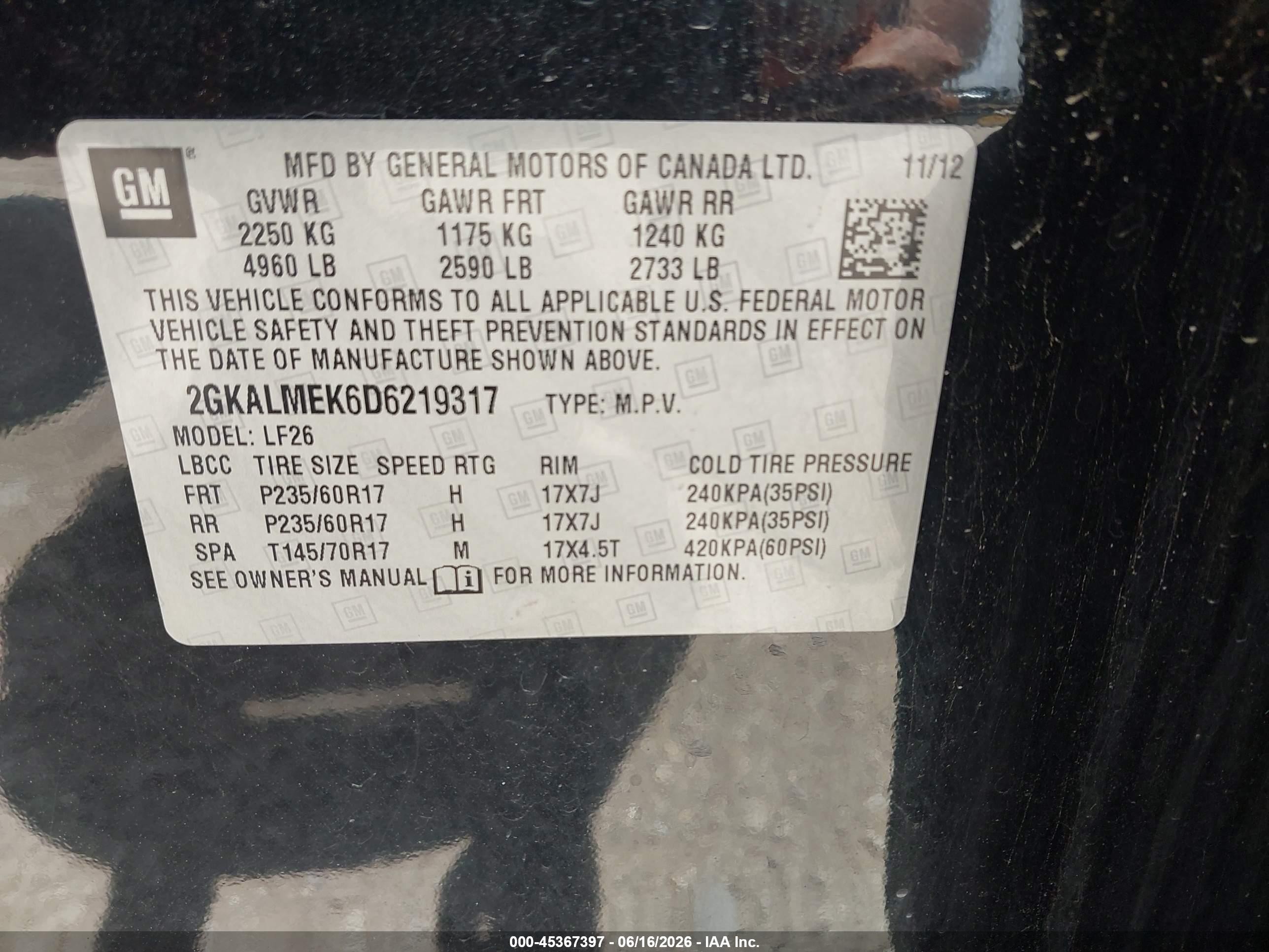 2013 Gmc Terrain Sle-1 Black vin: 2GKALMEK6D6219317