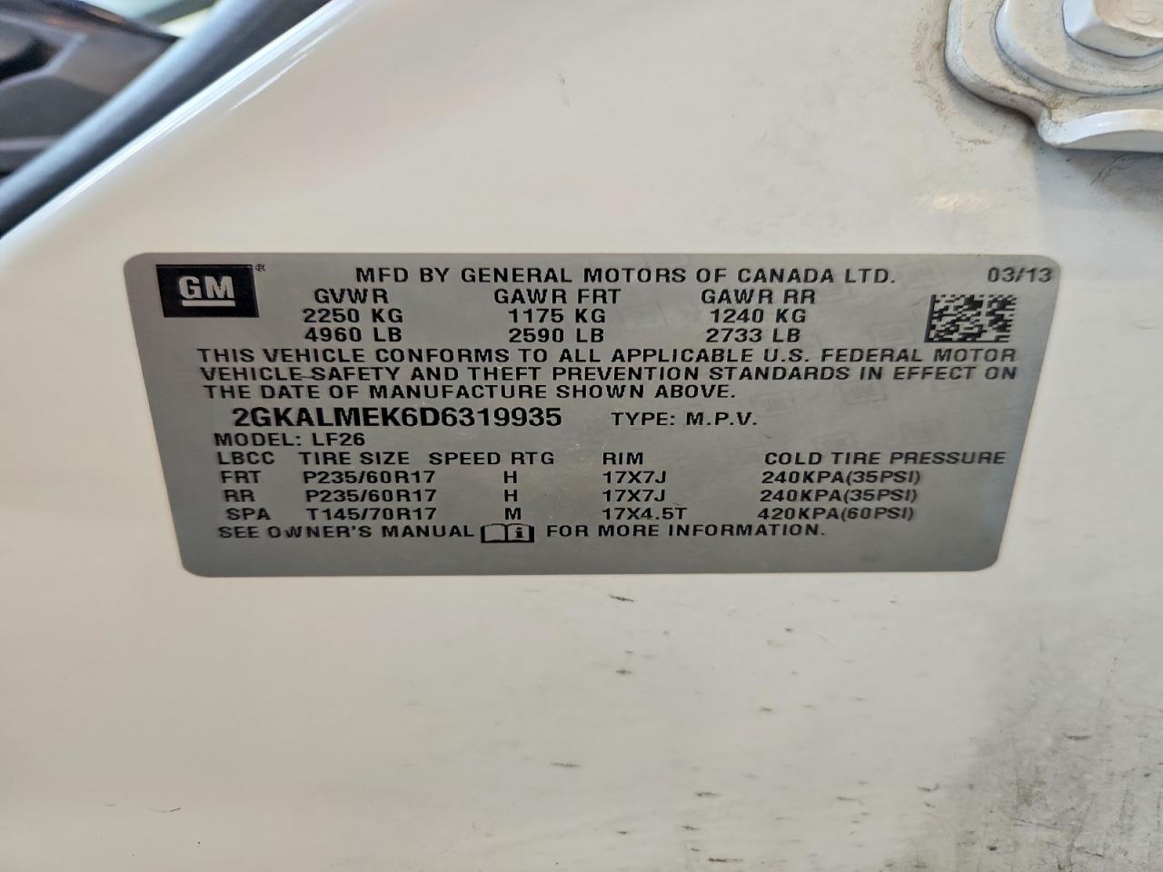 2013 Gmc Terrain Sle White vin: 2GKALMEK6D6319935