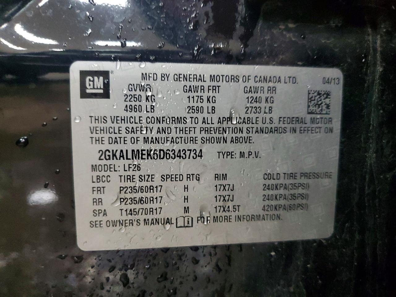 2013 Gmc Terrain Sle Black vin: 2GKALMEK6D6343734
