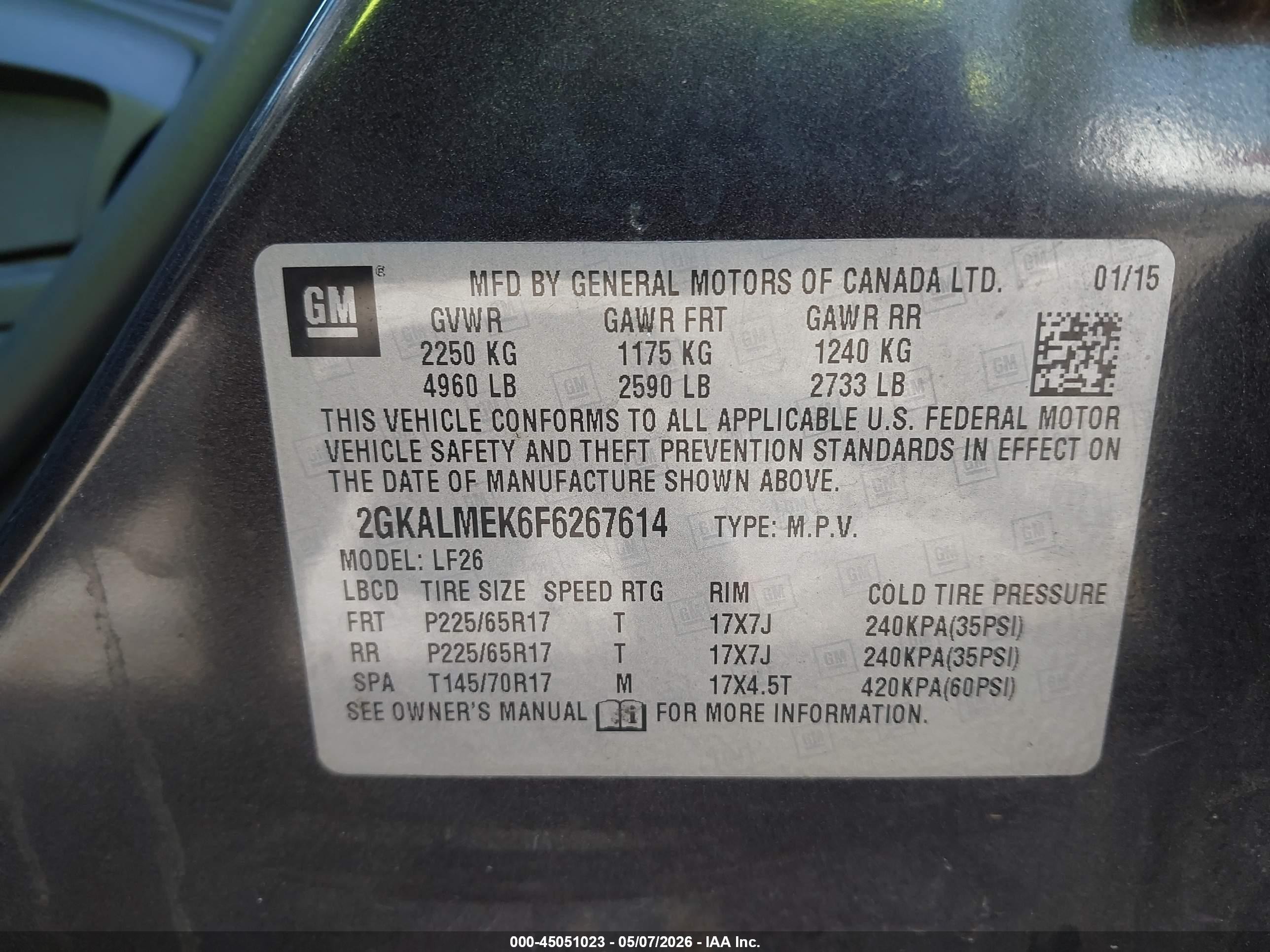 2015 Gmc Terrain Sle-1 Gray vin: 2GKALMEK6F6267614