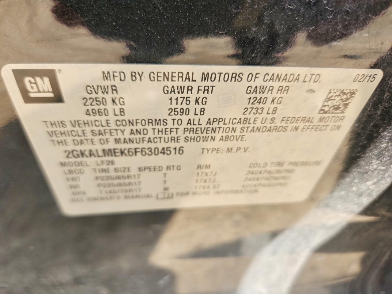 2015 Gmc Terrain Sle Black vin: 2GKALMEK6F6304516