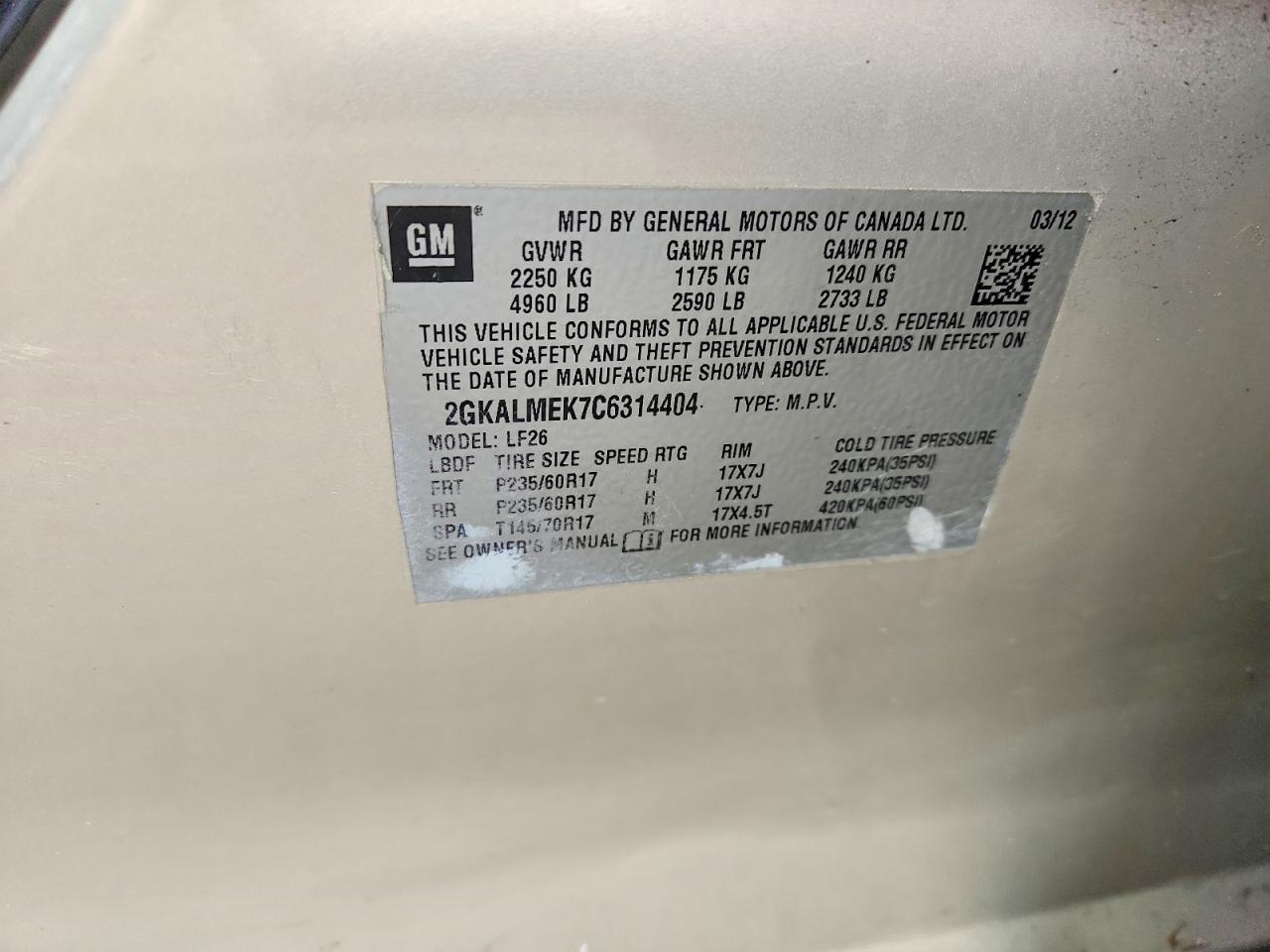2012 Gmc Terrain Sle Beige vin: 2GKALMEK7C6314404