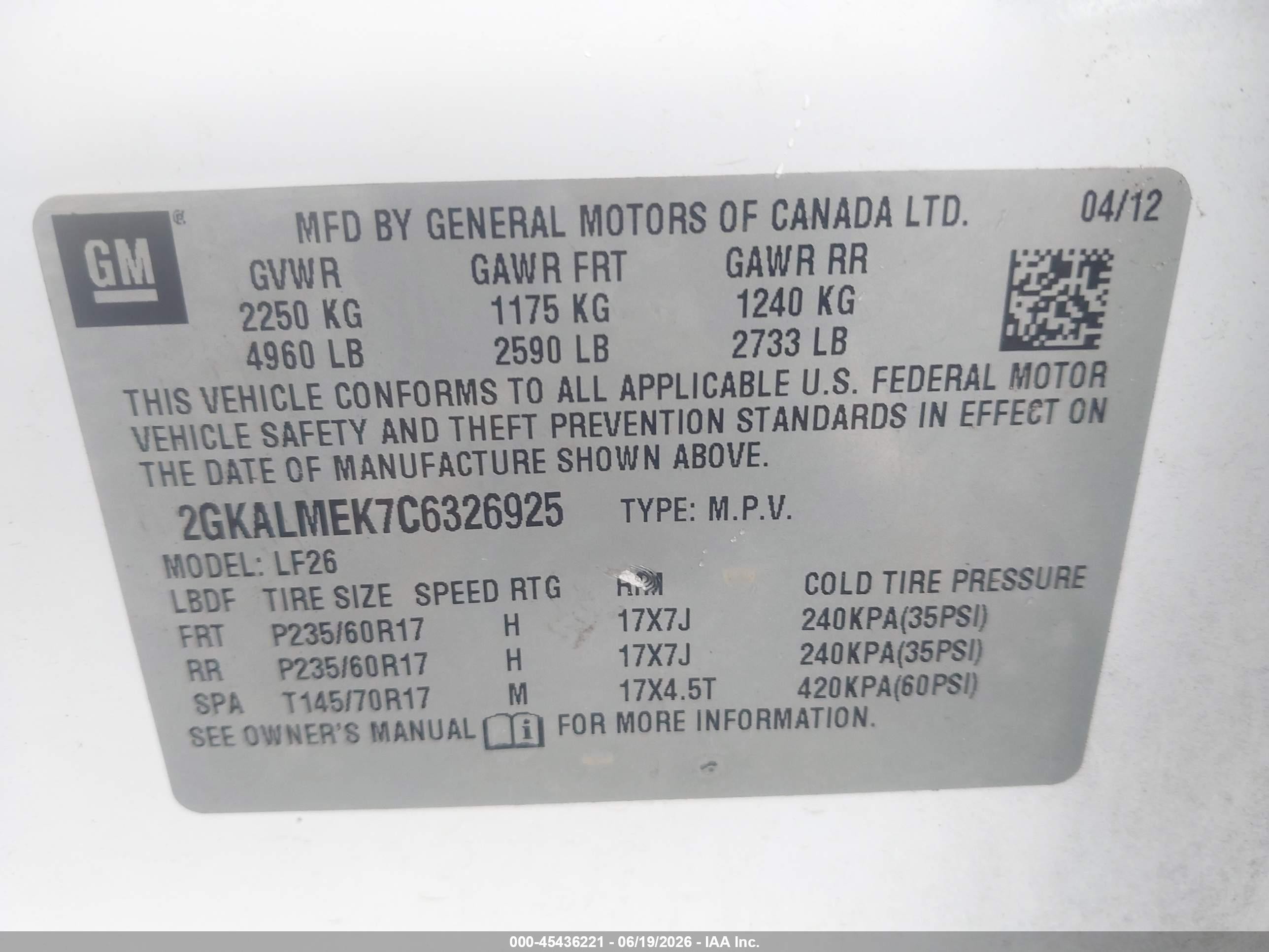 2012 Gmc Terrain Sle-1 White vin: 2GKALMEK7C6326925