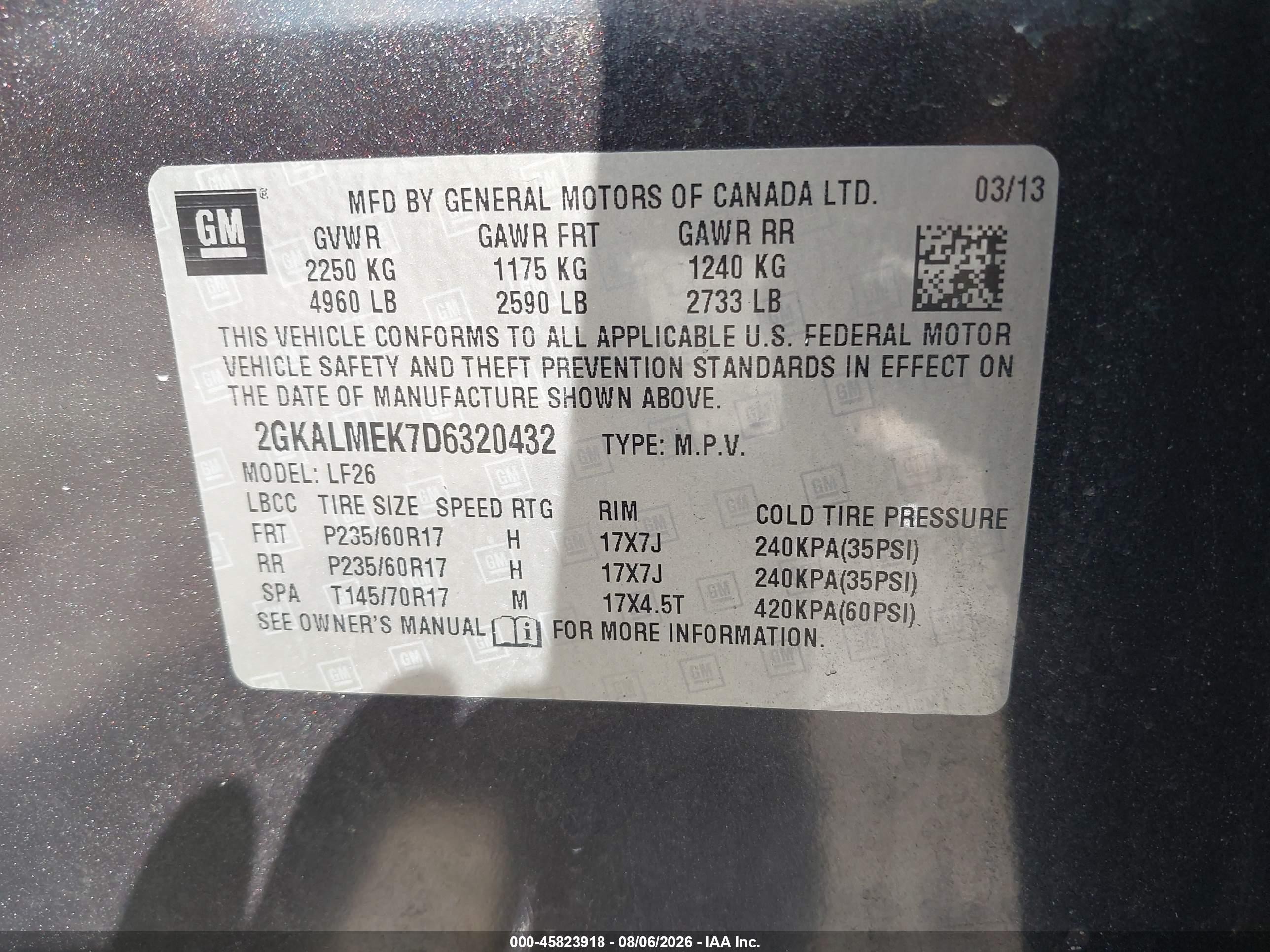 2013 Gmc Terrain Sle-1 Gray vin: 2GKALMEK7D6320432