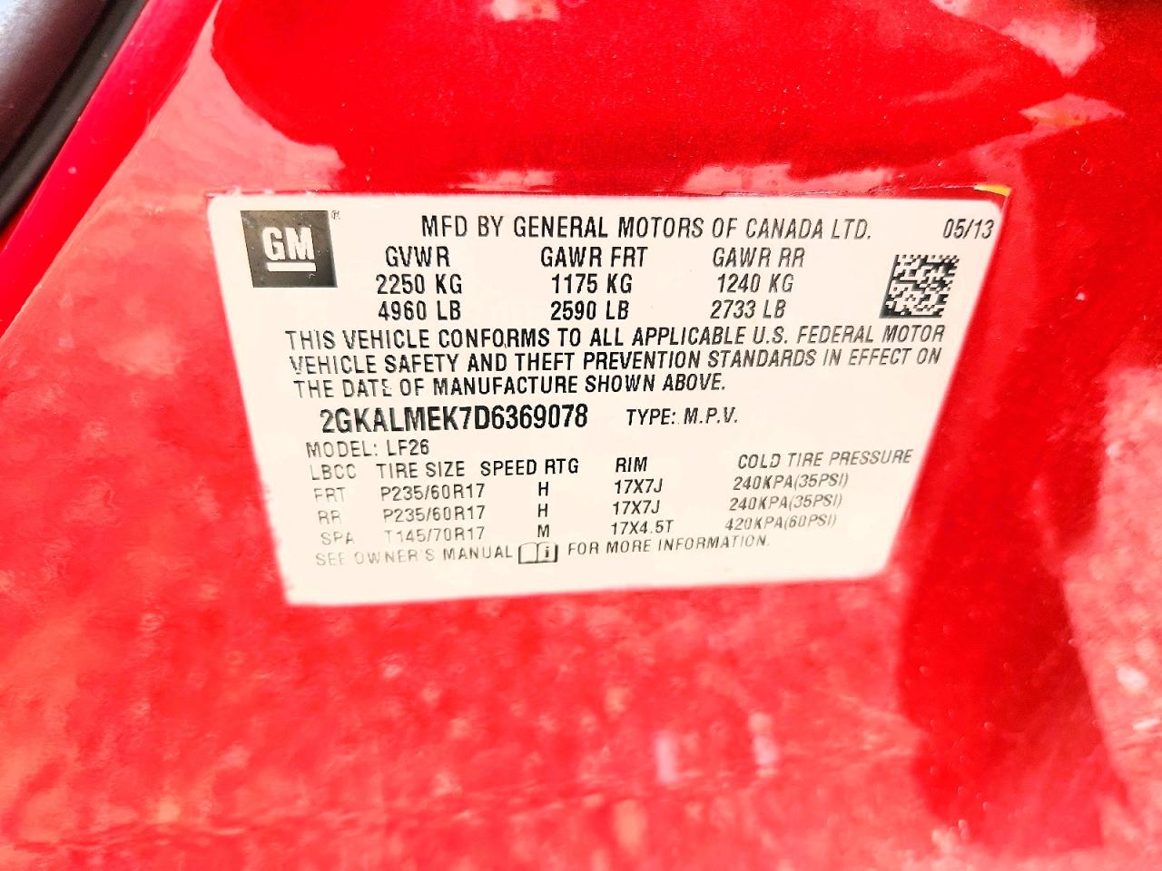 2013 Gmc Terrain Sle Red vin: 2GKALMEK7D6369078