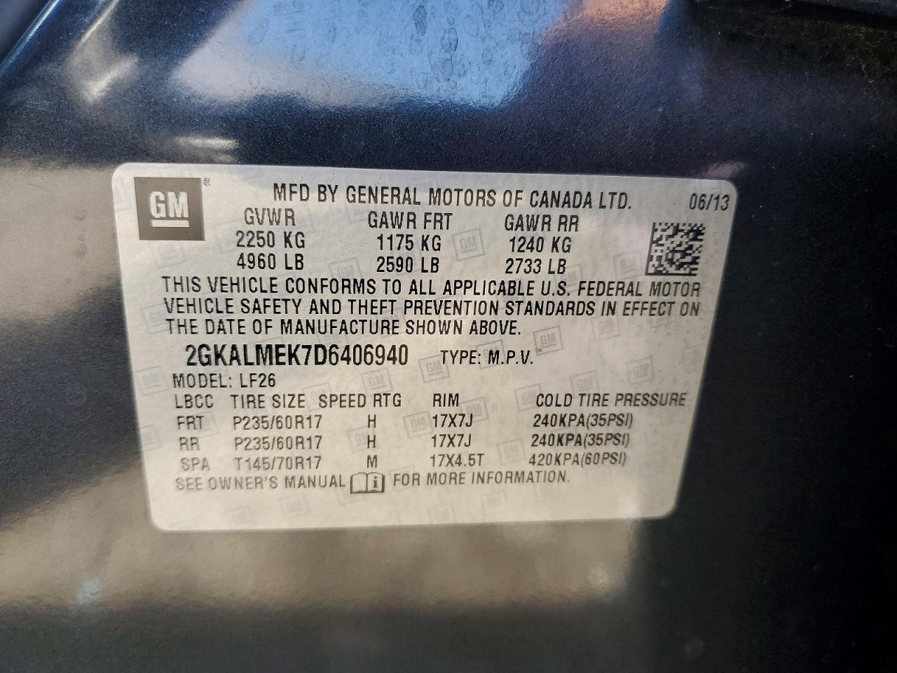 2013 Gmc Terrain Sle Charcoal vin: 2GKALMEK7D6406940
