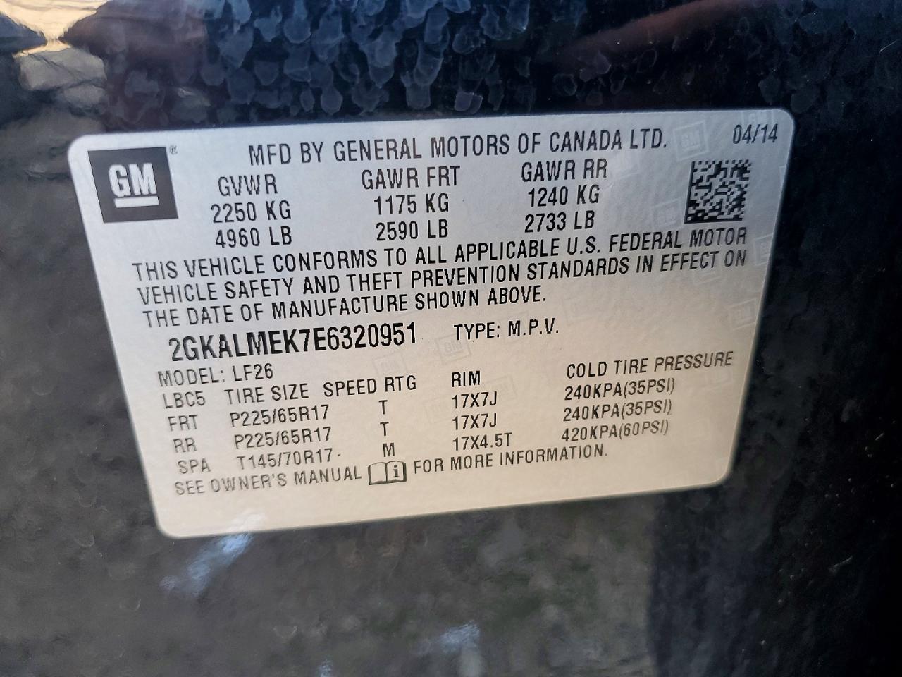 2014 Gmc Terrain Sle Black vin: 2GKALMEK7E6320951