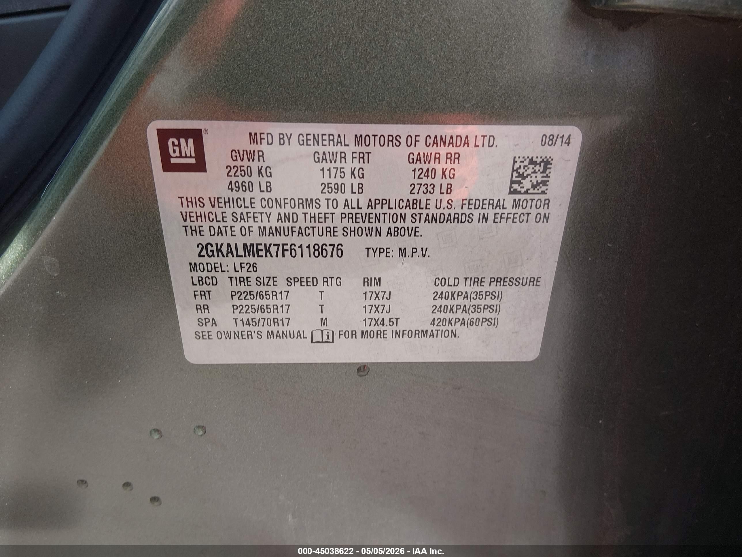 2015 Gmc Terrain Sle-1 Green vin: 2GKALMEK7F6118676