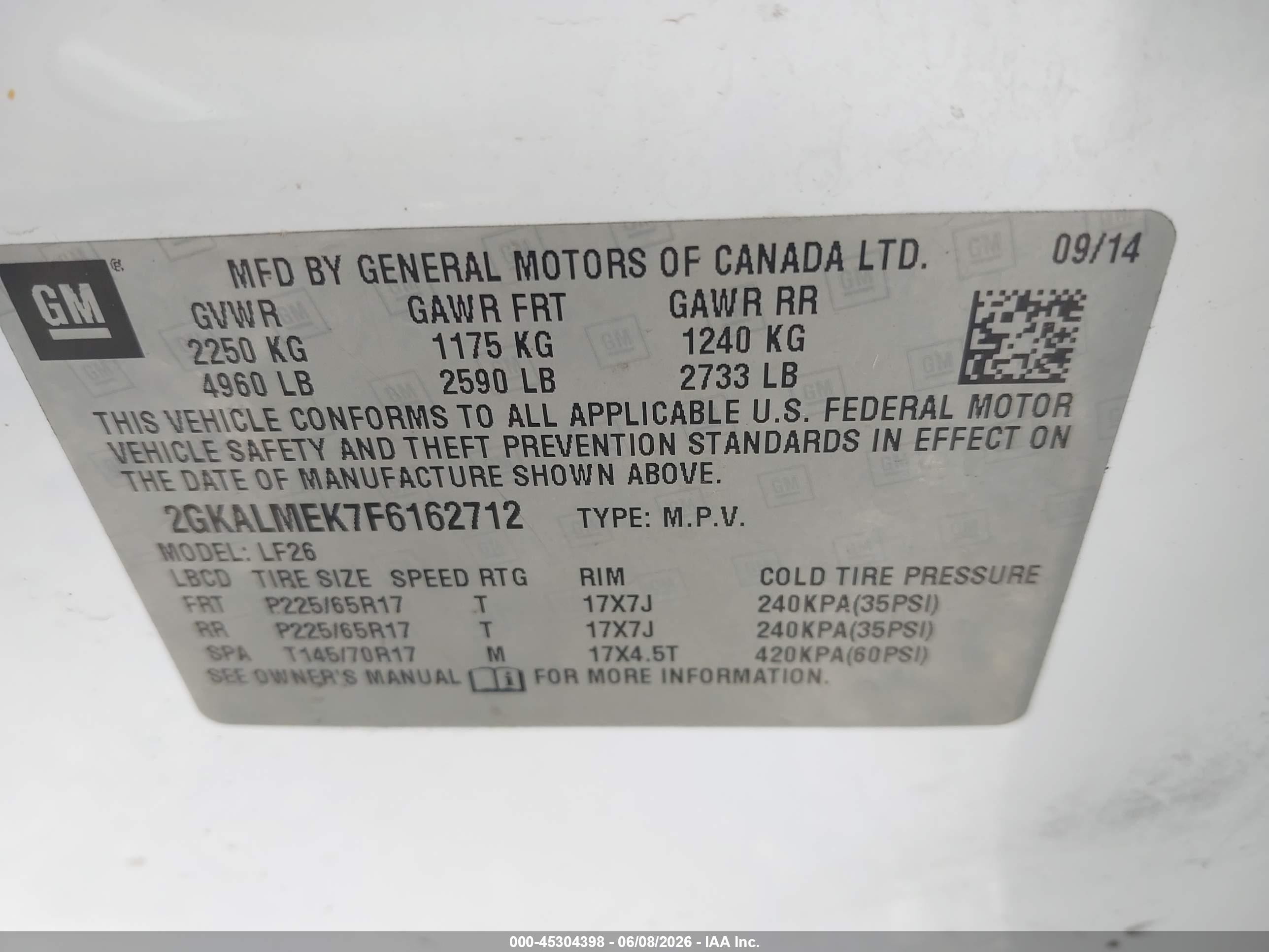 2015 Gmc Terrain Sle-1 White vin: 2GKALMEK7F6162712