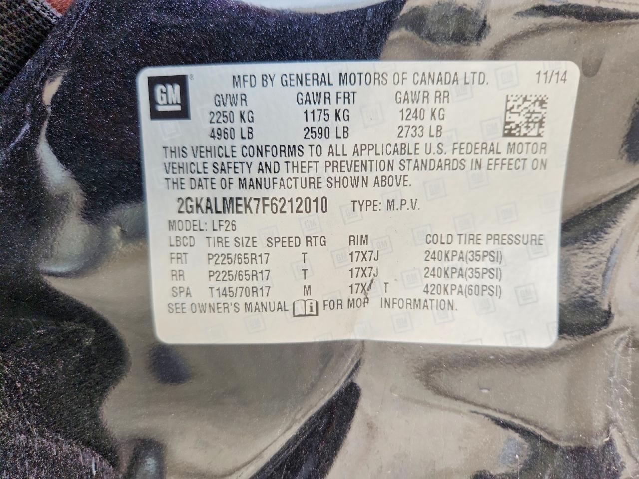 2015 Gmc Terrain Sle Charcoal vin: 2GKALMEK7F6212010