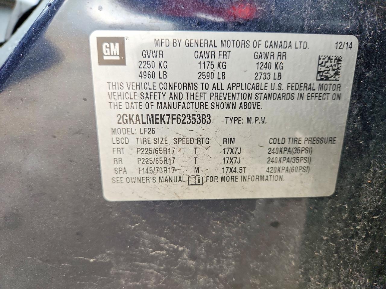 2015 Gmc Terrain Sle Charcoal vin: 2GKALMEK7F6235383