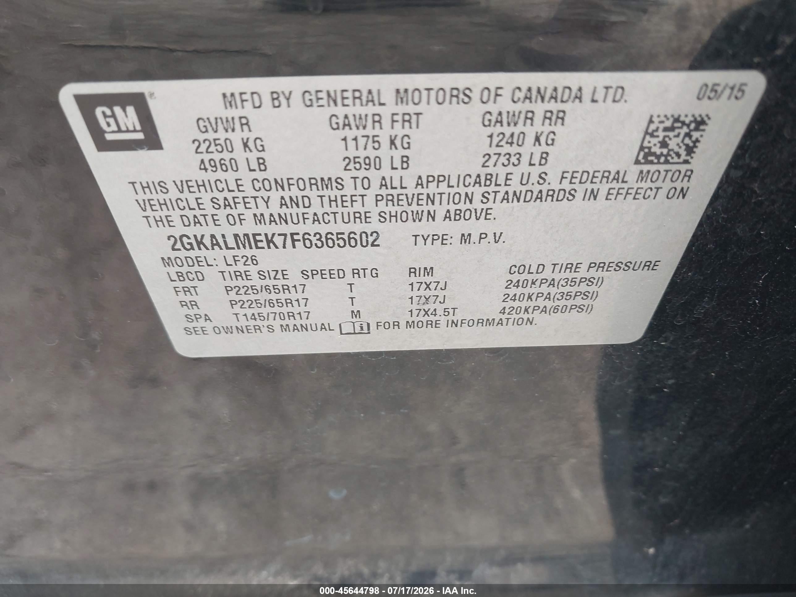 2015 Gmc Terrain Sle-1 Black vin: 2GKALMEK7F6365602