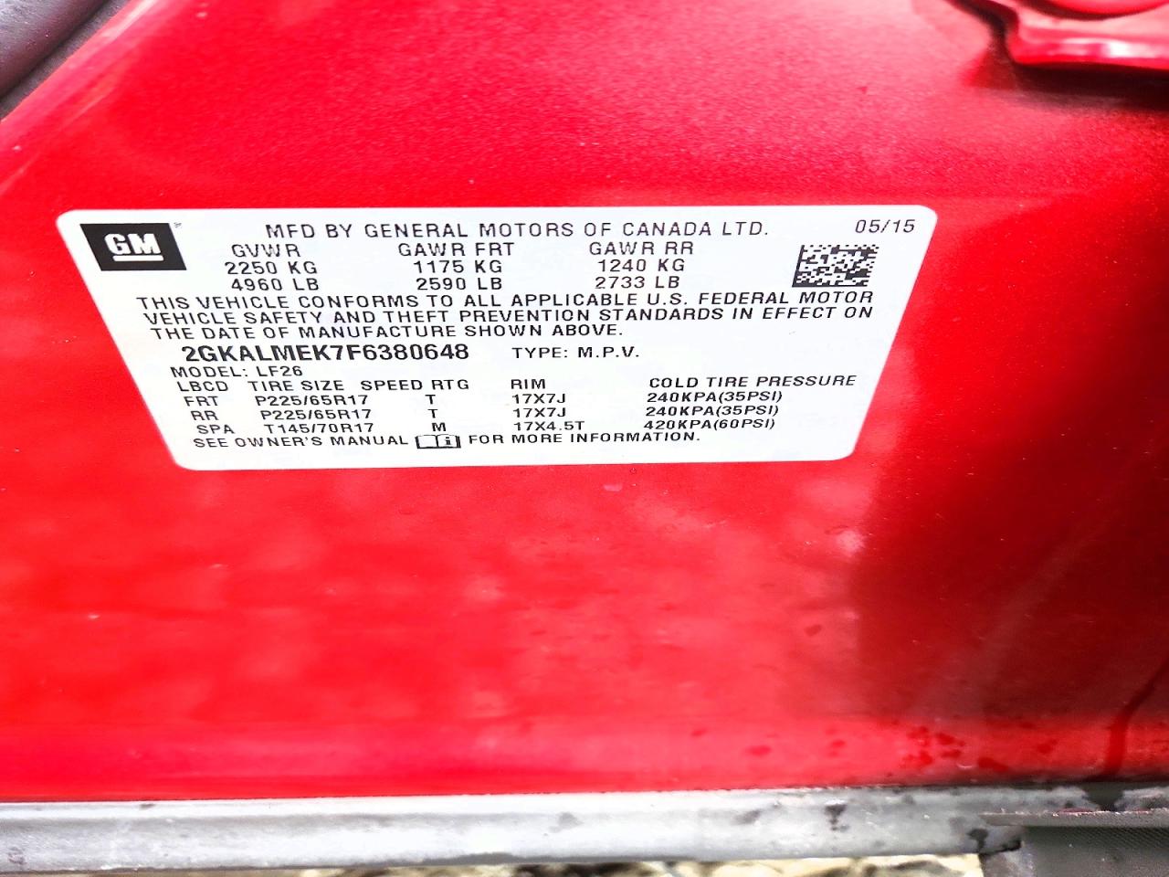 2015 Gmc Terrain Sle Red vin: 2GKALMEK7F6380648