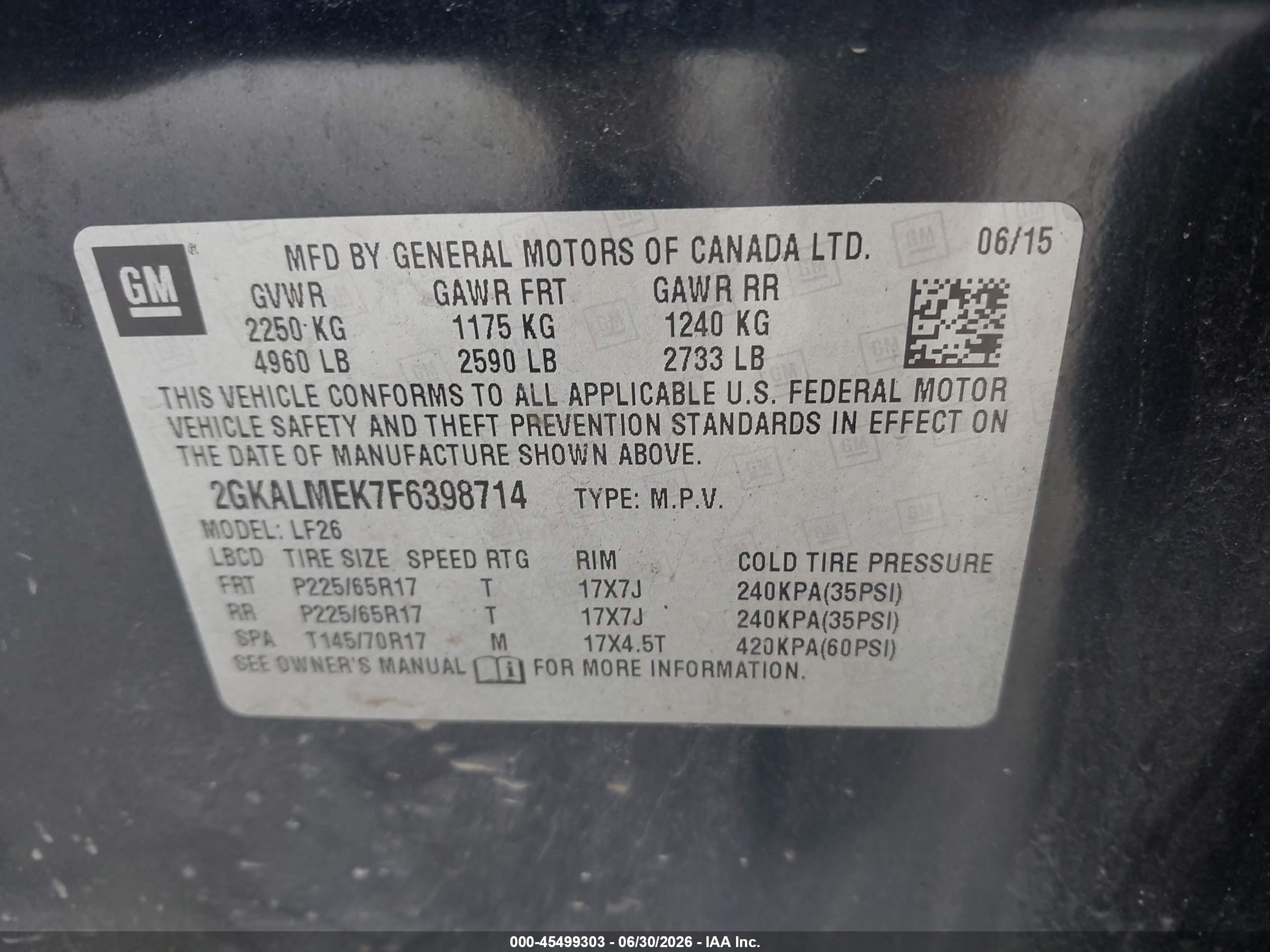 2015 Gmc Terrain Sle-1 Blue vin: 2GKALMEK7F6398714
