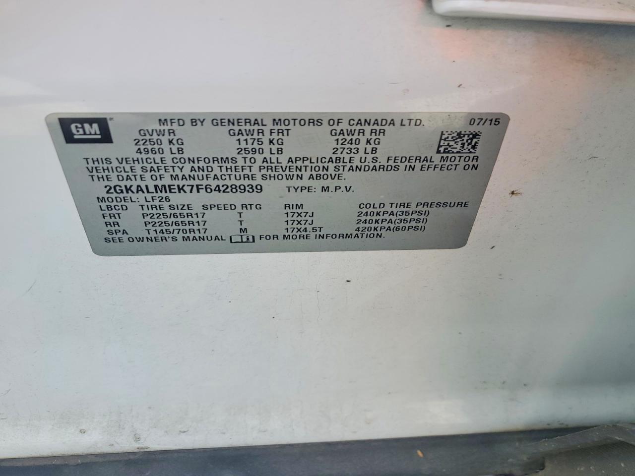 2015 Gmc Terrain Sle White vin: 2GKALMEK7F6428939