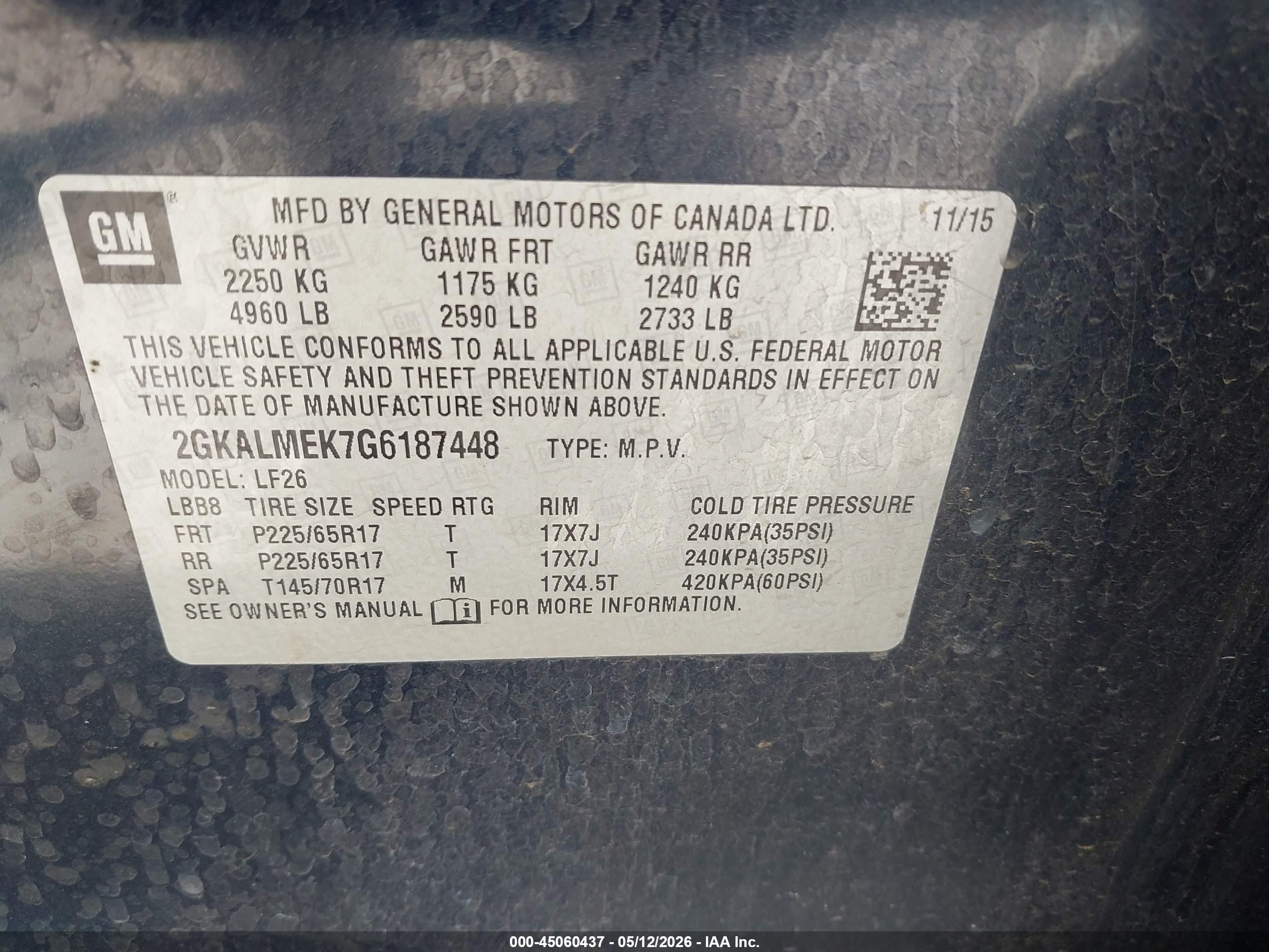 2016 Gmc Terrain Sle-1 Blue vin: 2GKALMEK7G6187448