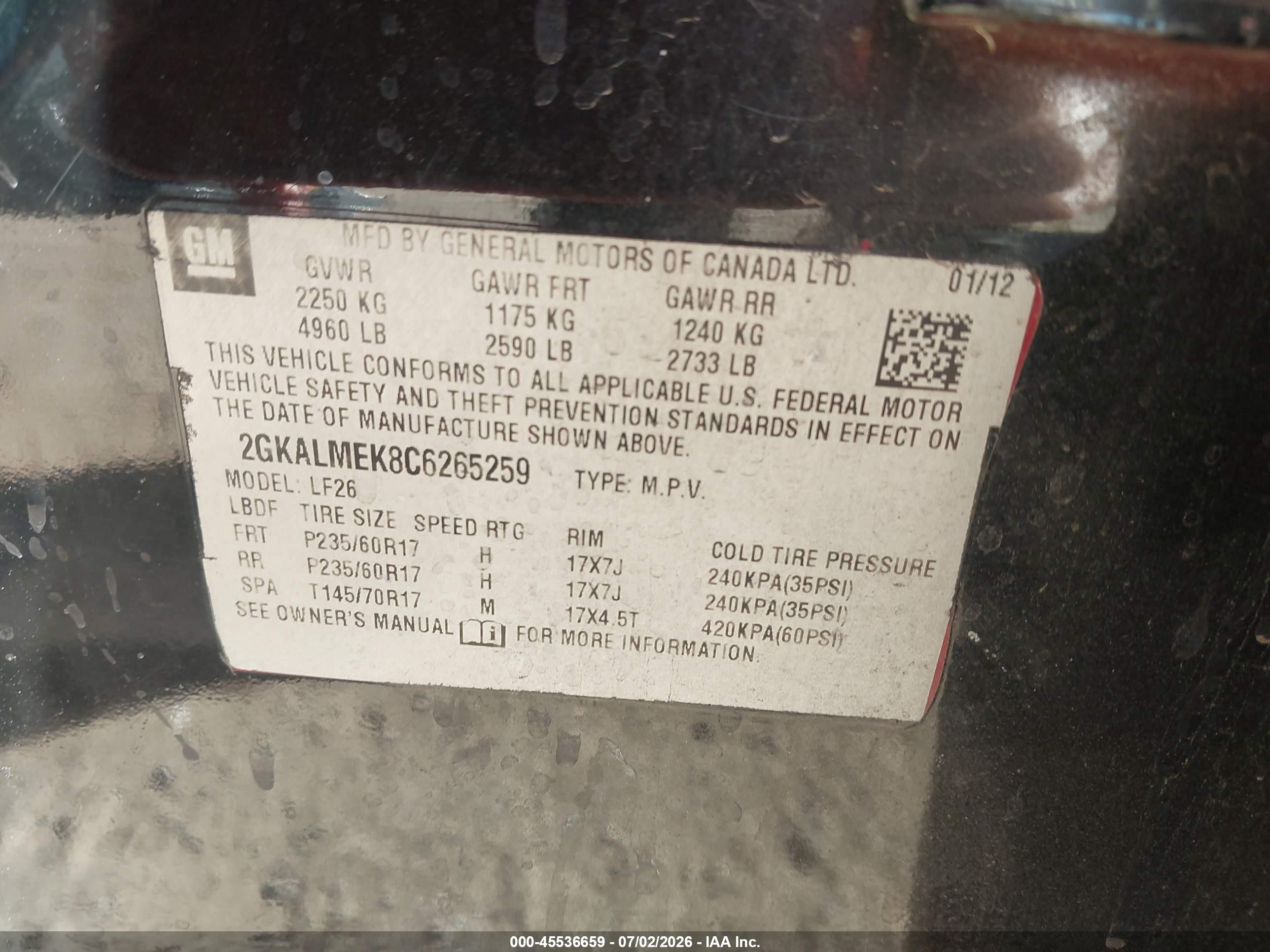 2012 Gmc Terrain Sle-1 Black vin: 2GKALMEK8C6265259