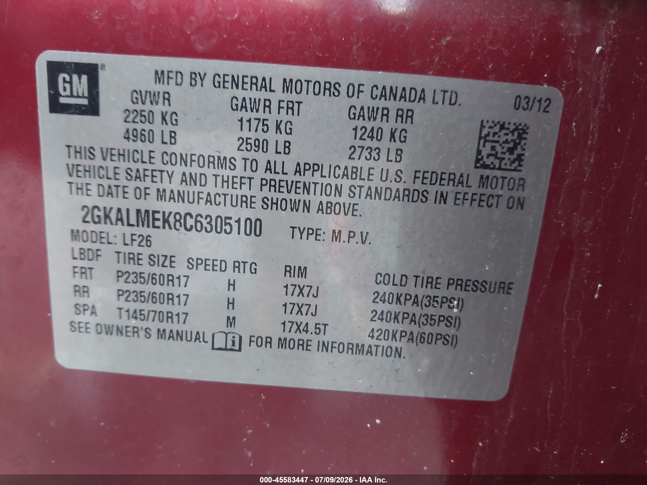 2012 Gmc Terrain Sle-1 Красный vin: 2GKALMEK8C6305100
