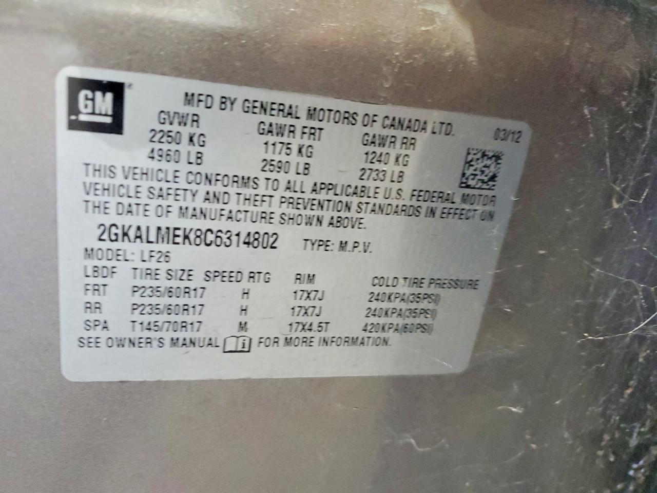 2012 Gmc Terrain Sle Gray vin: 2GKALMEK8C6314802