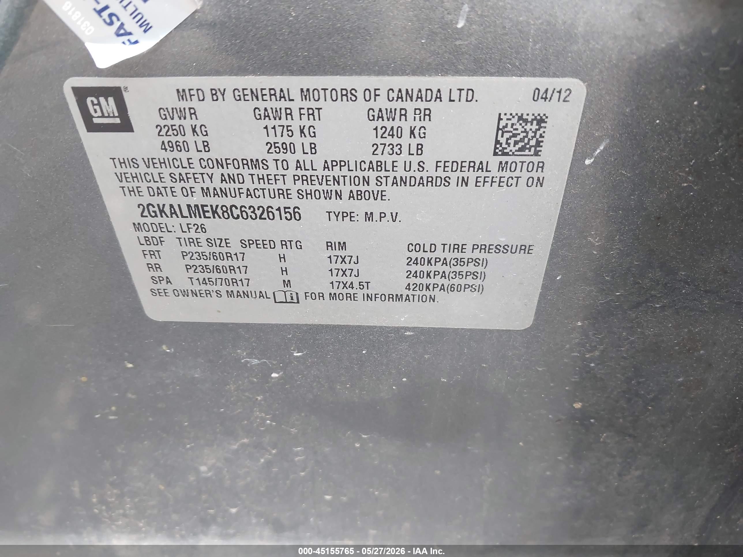 2012 Gmc Terrain Sle-1 Gray vin: 2GKALMEK8C6326156