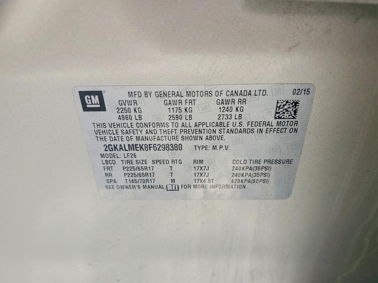 2015 Gmc Terrain Sle Beige vin: 2GKALMEK8F6298380