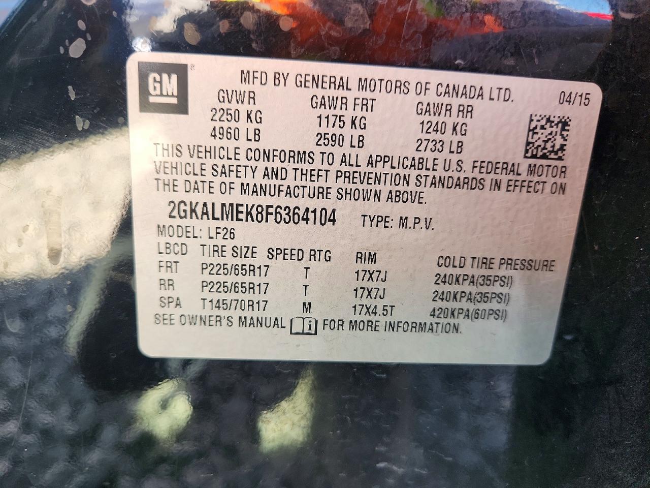 2015 Gmc Terrain Sle Black vin: 2GKALMEK8F6364104