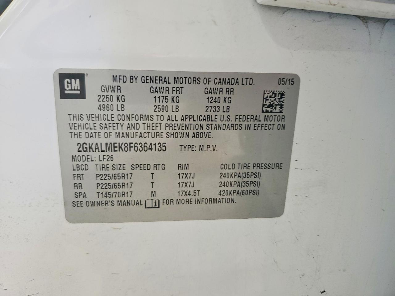 2015 Gmc Terrain Sle Белый vin: 2GKALMEK8F6364135