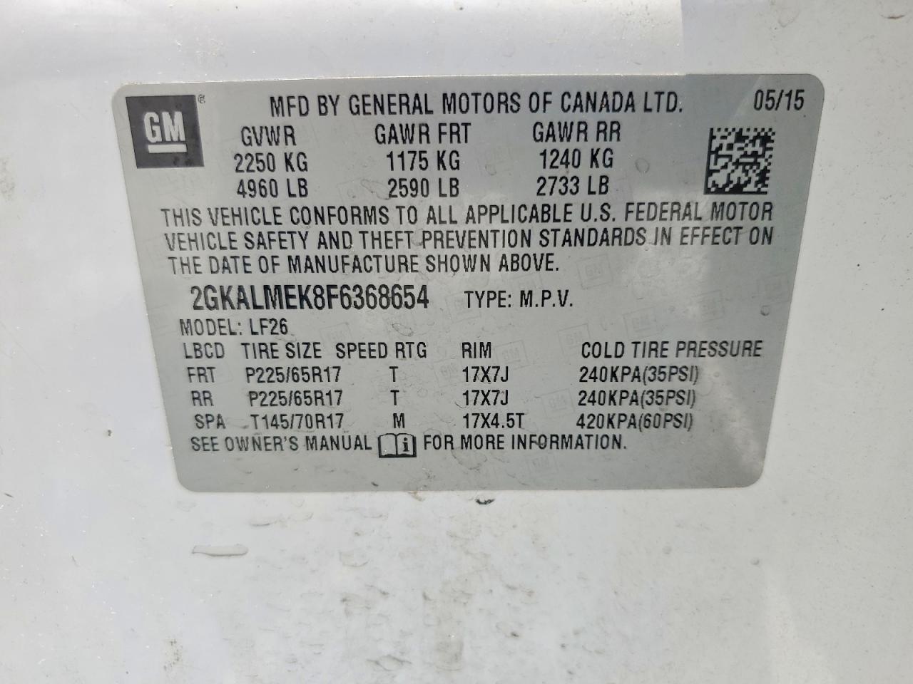2015 Gmc Terrain Sle White vin: 2GKALMEK8F6368654
