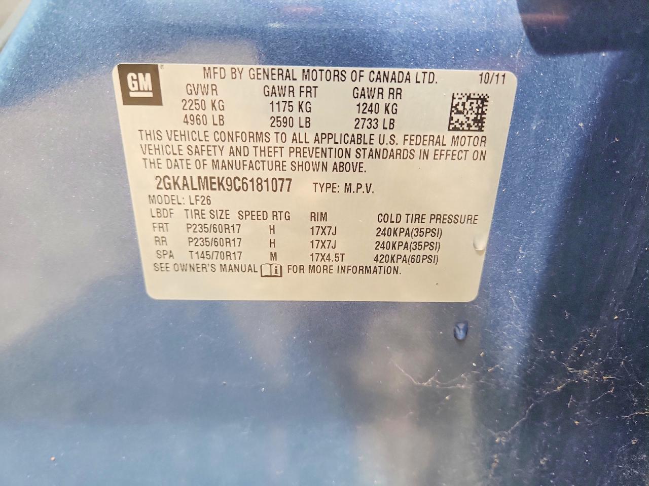 2012 Gmc Terrain Sle Blue vin: 2GKALMEK9C6181077