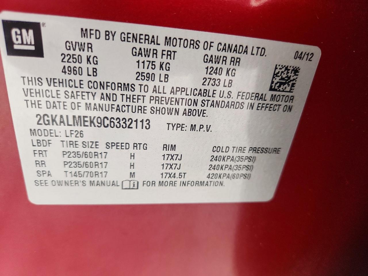 2012 Gmc Terrain Sle Red vin: 2GKALMEK9C6332113
