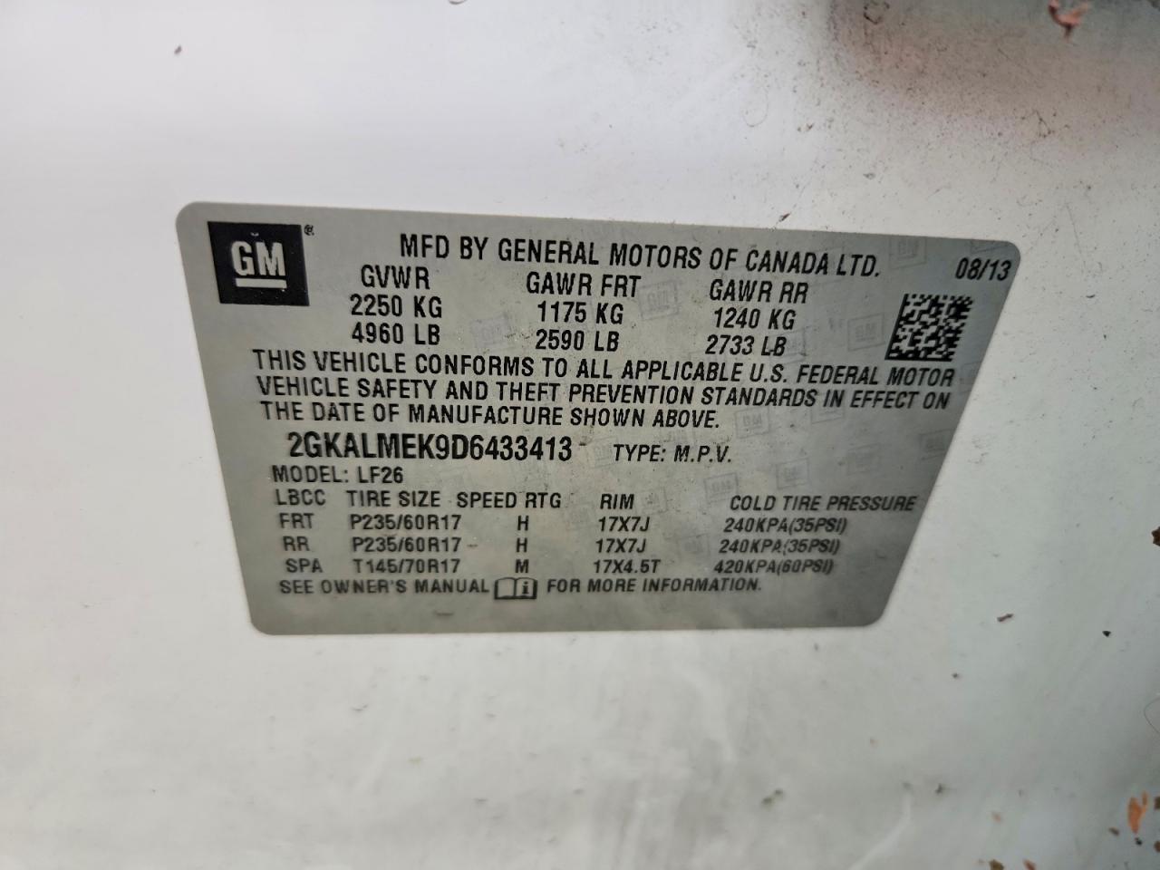 2013 Gmc Terrain Sle White vin: 2GKALMEK9D6433413
