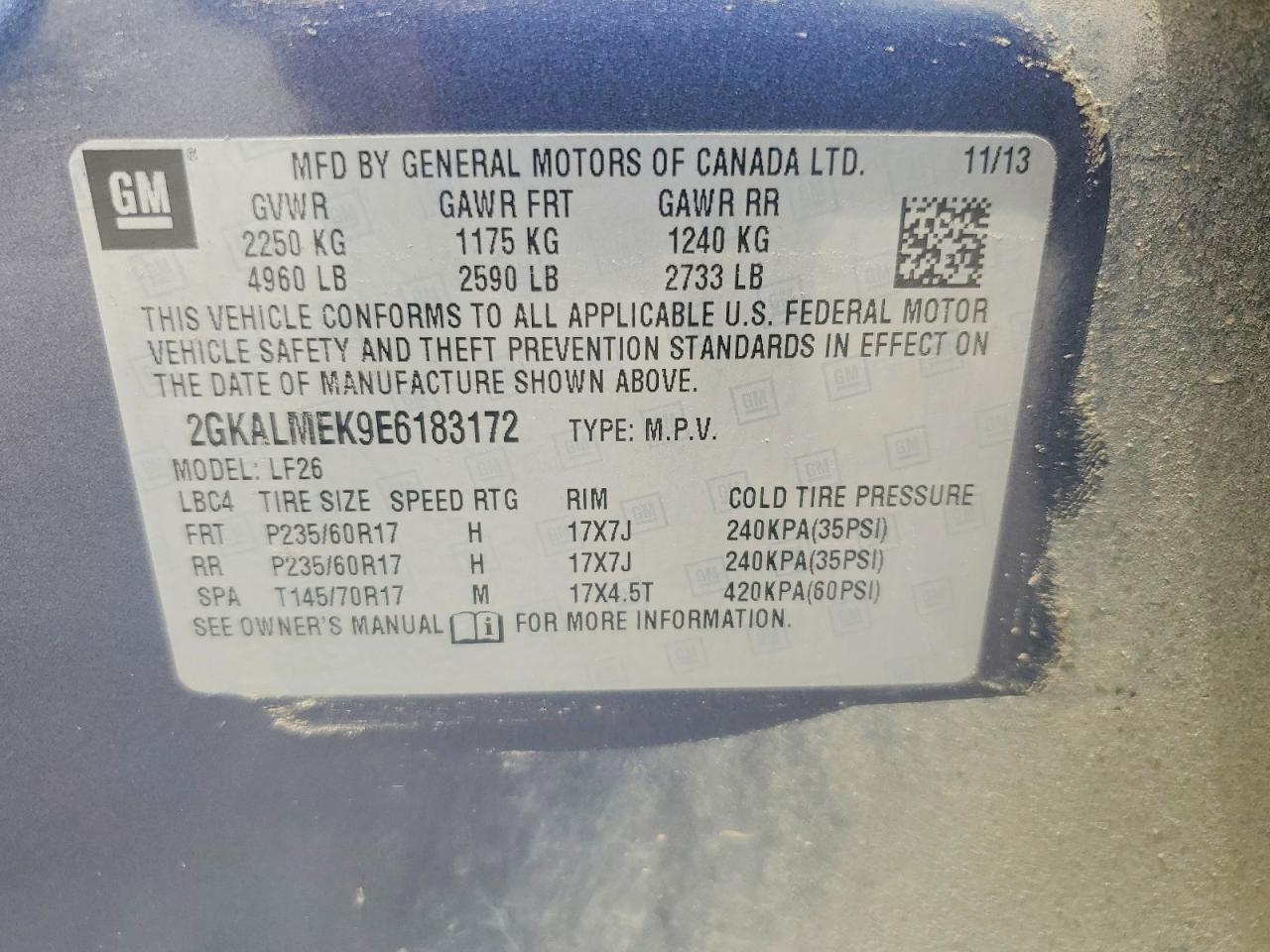 2014 Gmc Terrain Sle Blue vin: 2GKALMEK9E6183172