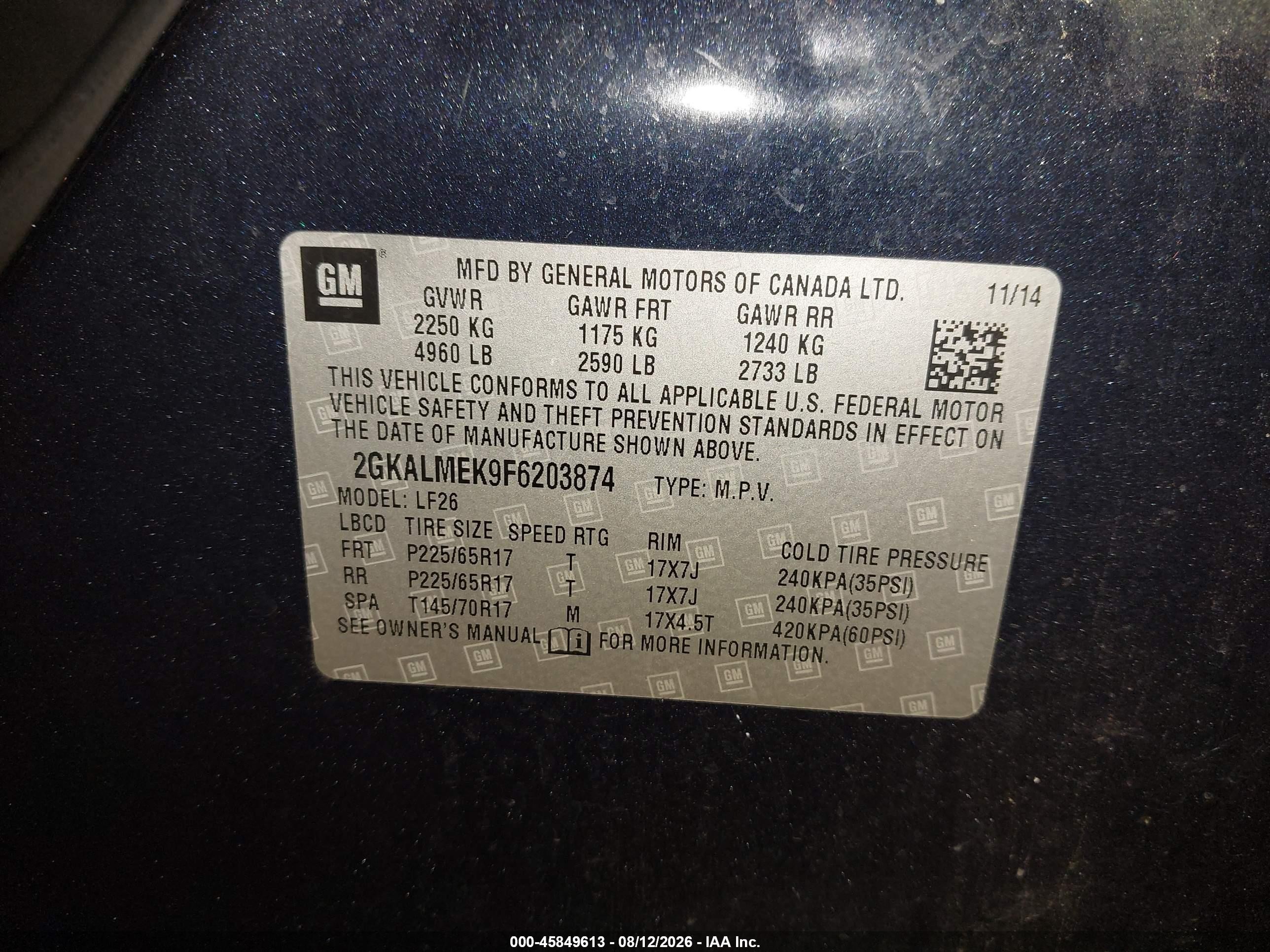 2015 Gmc Terrain Sle-1 Dark Blue vin: 2GKALMEK9F6203874