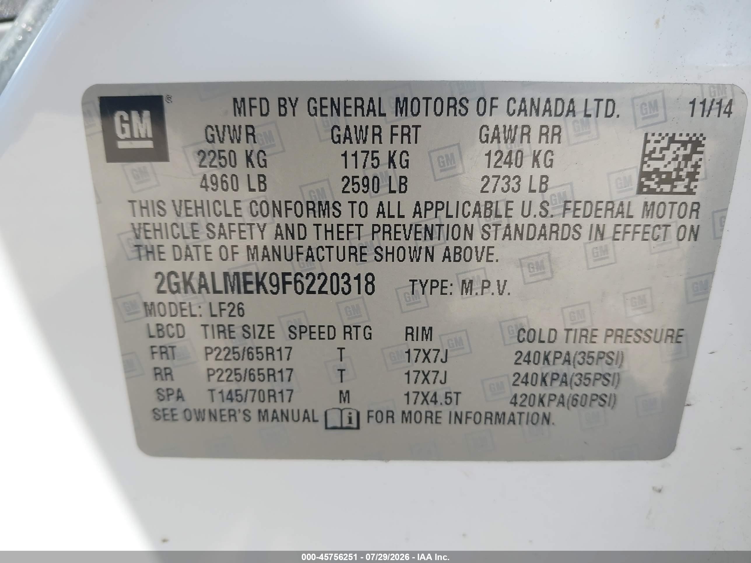 2015 Gmc Terrain Sle-1 White vin: 2GKALMEK9F6220318