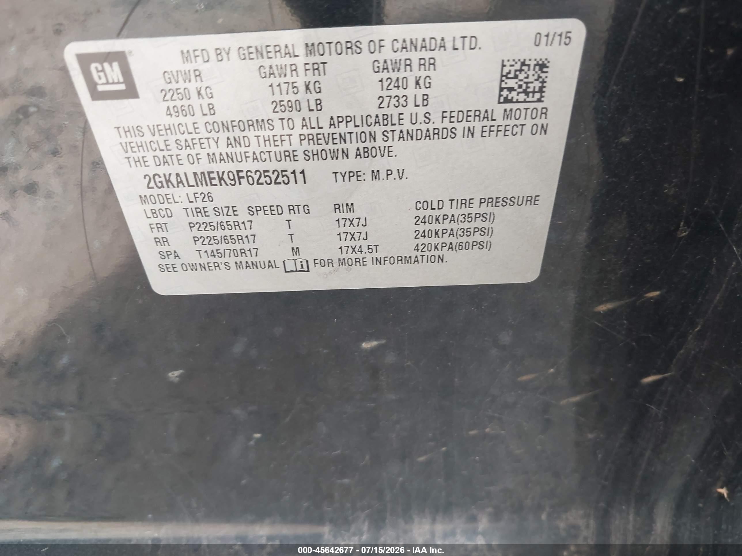2015 Gmc Terrain Sle-1 Black vin: 2GKALMEK9F6252511