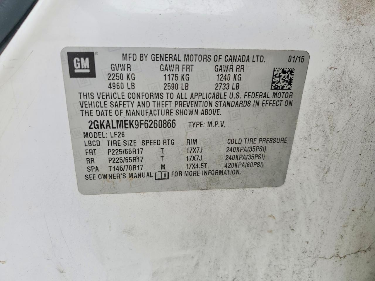 2015 Gmc Terrain Sle White vin: 2GKALMEK9F6260866