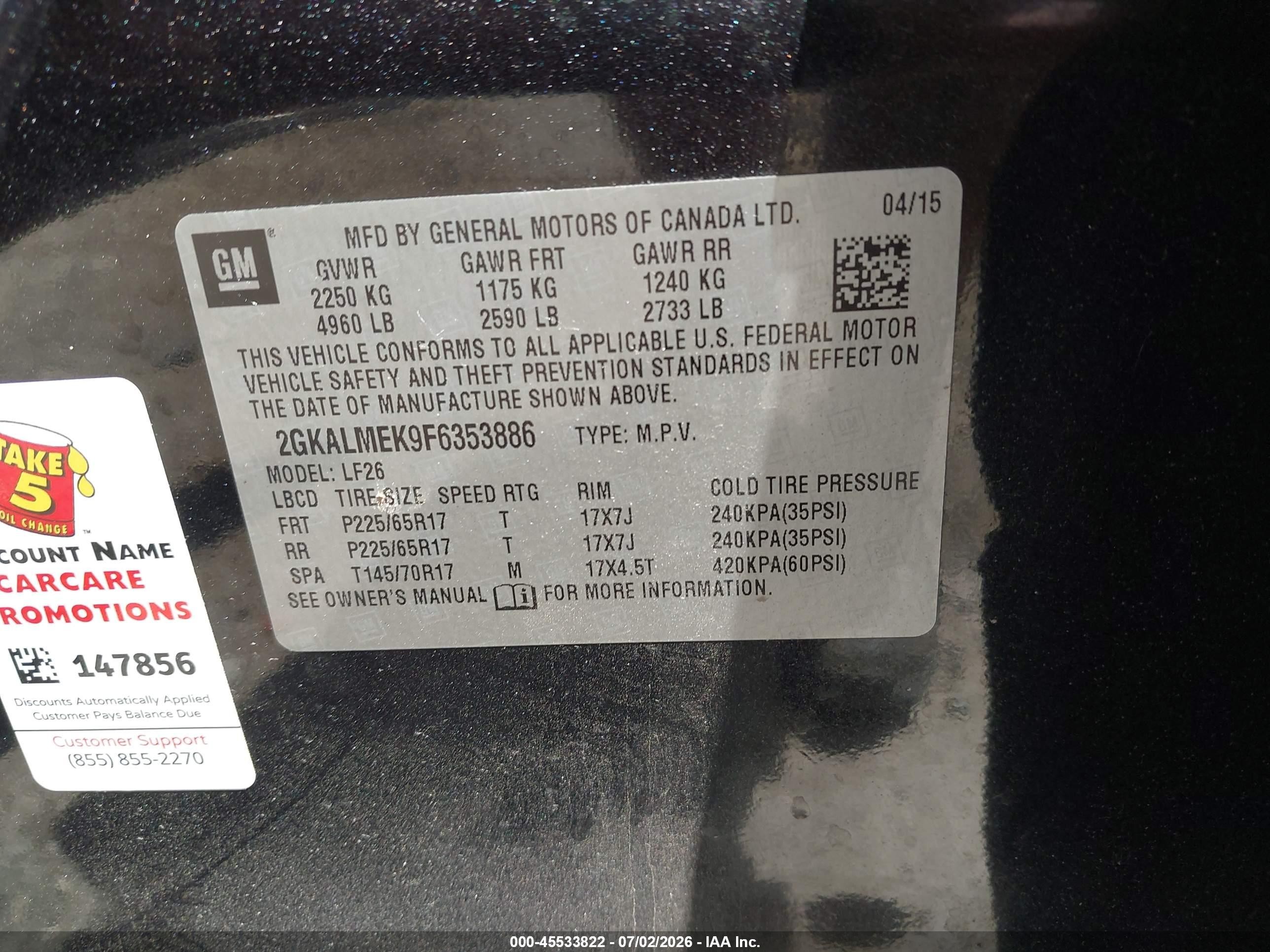 2015 Gmc Terrain Sle-1 Black vin: 2GKALMEK9F6353886