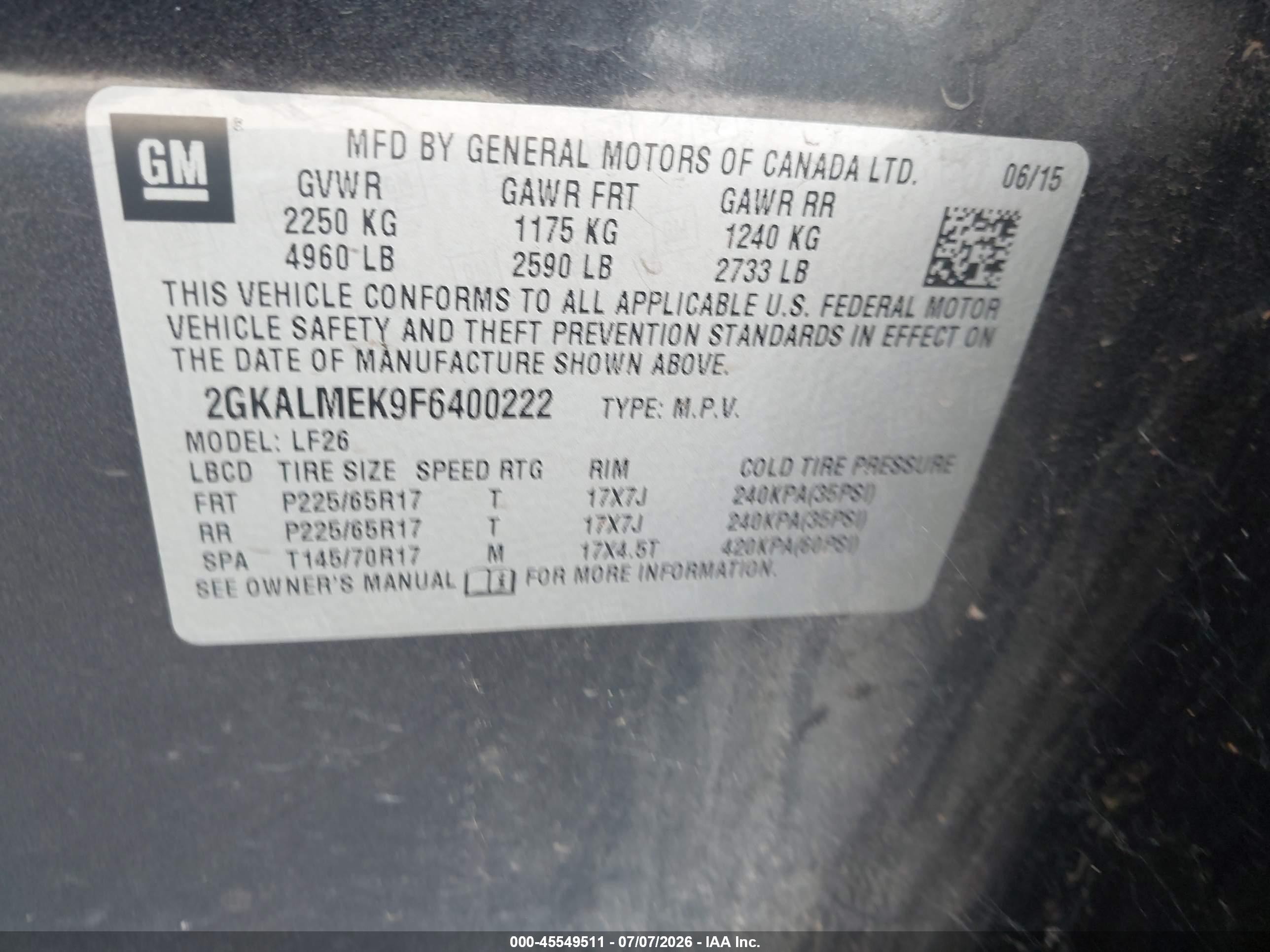 2015 Gmc Terrain Sle-1 Black vin: 2GKALMEK9F6400222