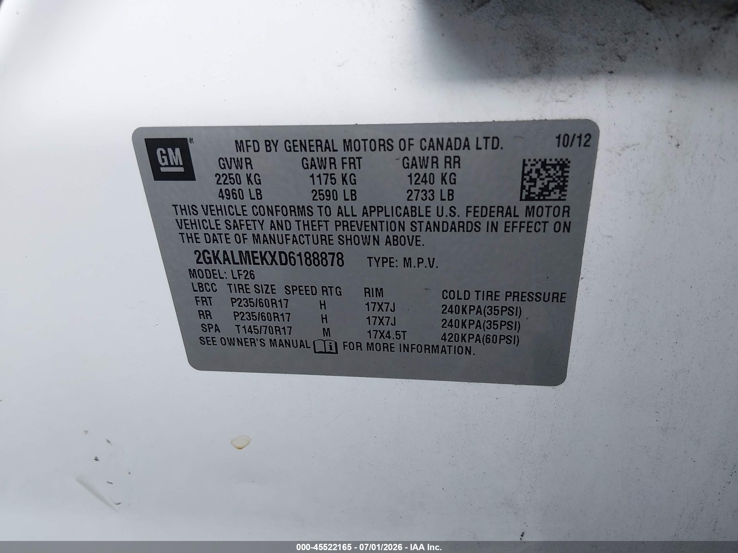 2013 Gmc Terrain Sle-1 White vin: 2GKALMEKXD6188878