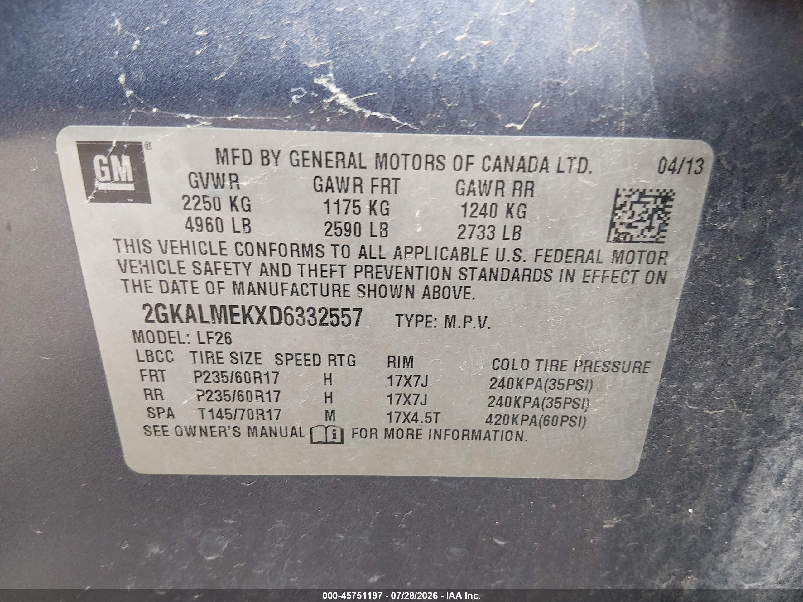 2013 Gmc Terrain Sle-1 Blue vin: 2GKALMEKXD6332557