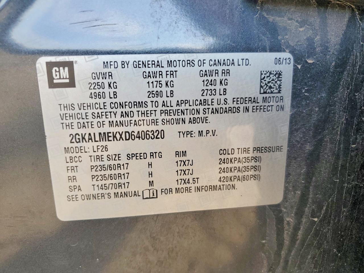 2013 Gmc Terrain Sle Charcoal vin: 2GKALMEKXD6406320