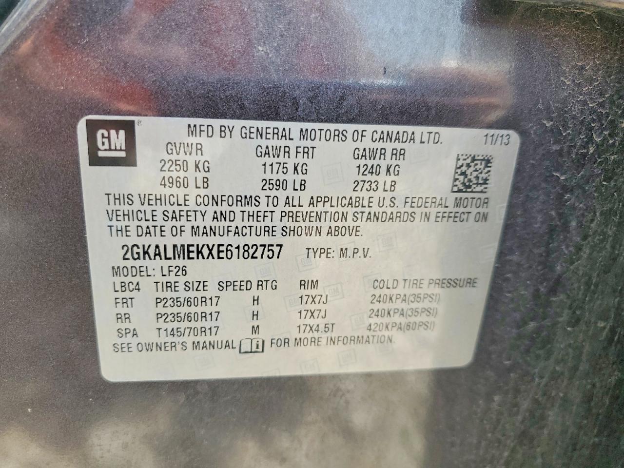 2014 Gmc Terrain Sle Charcoal vin: 2GKALMEKXE6182757