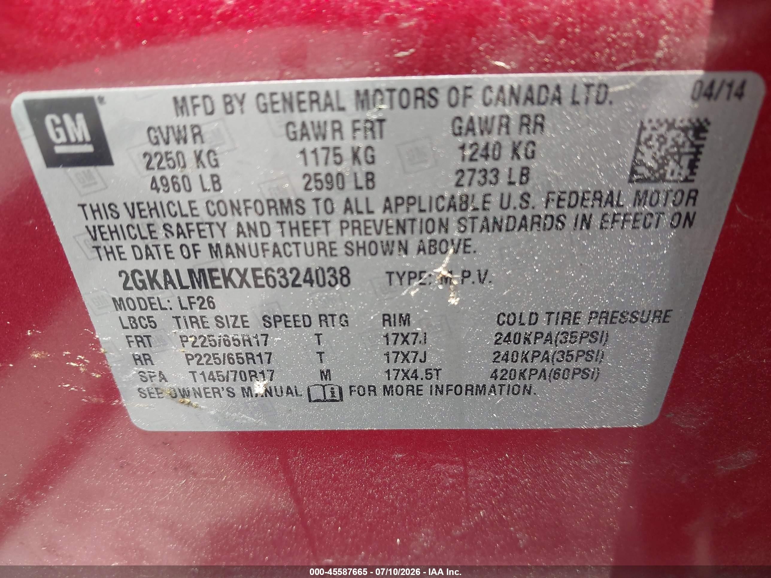 2014 Gmc Terrain Sle-1 Maroon vin: 2GKALMEKXE6324038