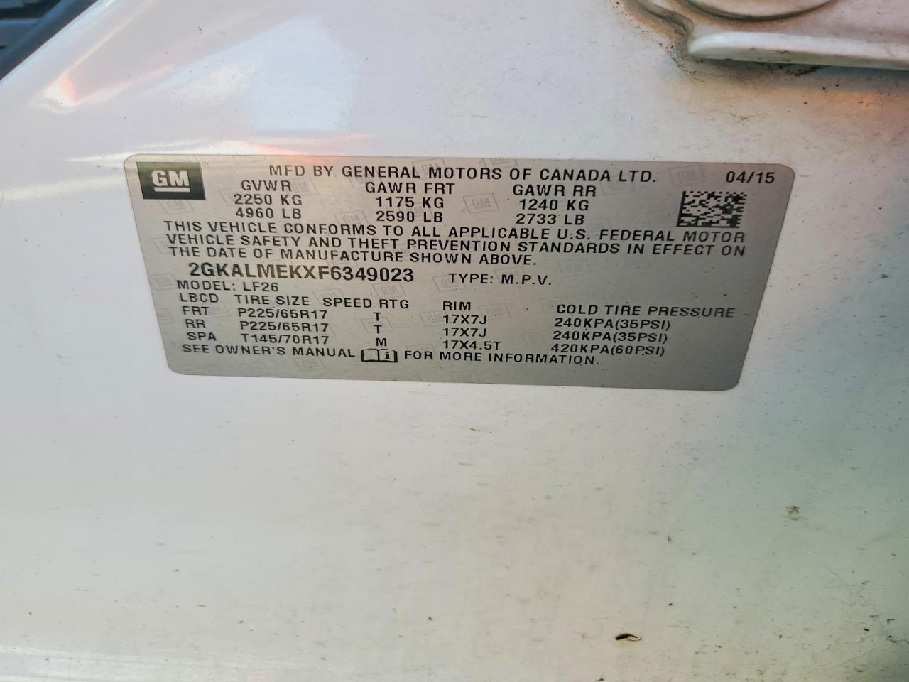 2015 Gmc Terrain Sle White vin: 2GKALMEKXF6349023