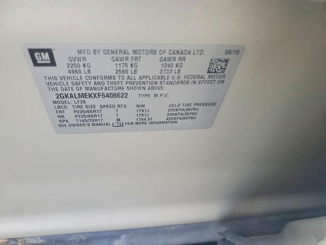 2015 Gmc Terrain Sle Tan vin: 2GKALMEKXF6408622