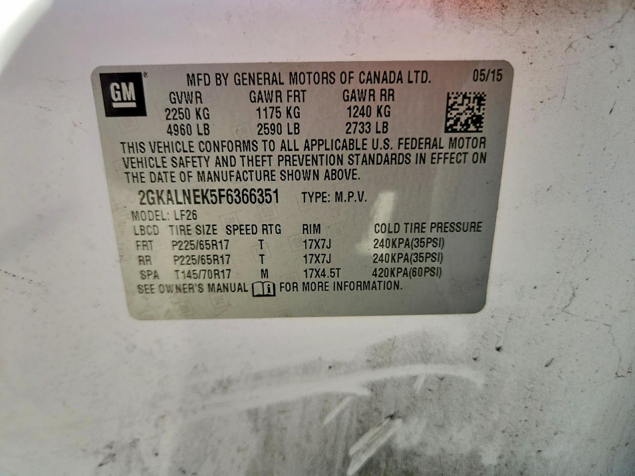 2015 Gmc Terrain Sl White vin: 2GKALNEK5F6366351