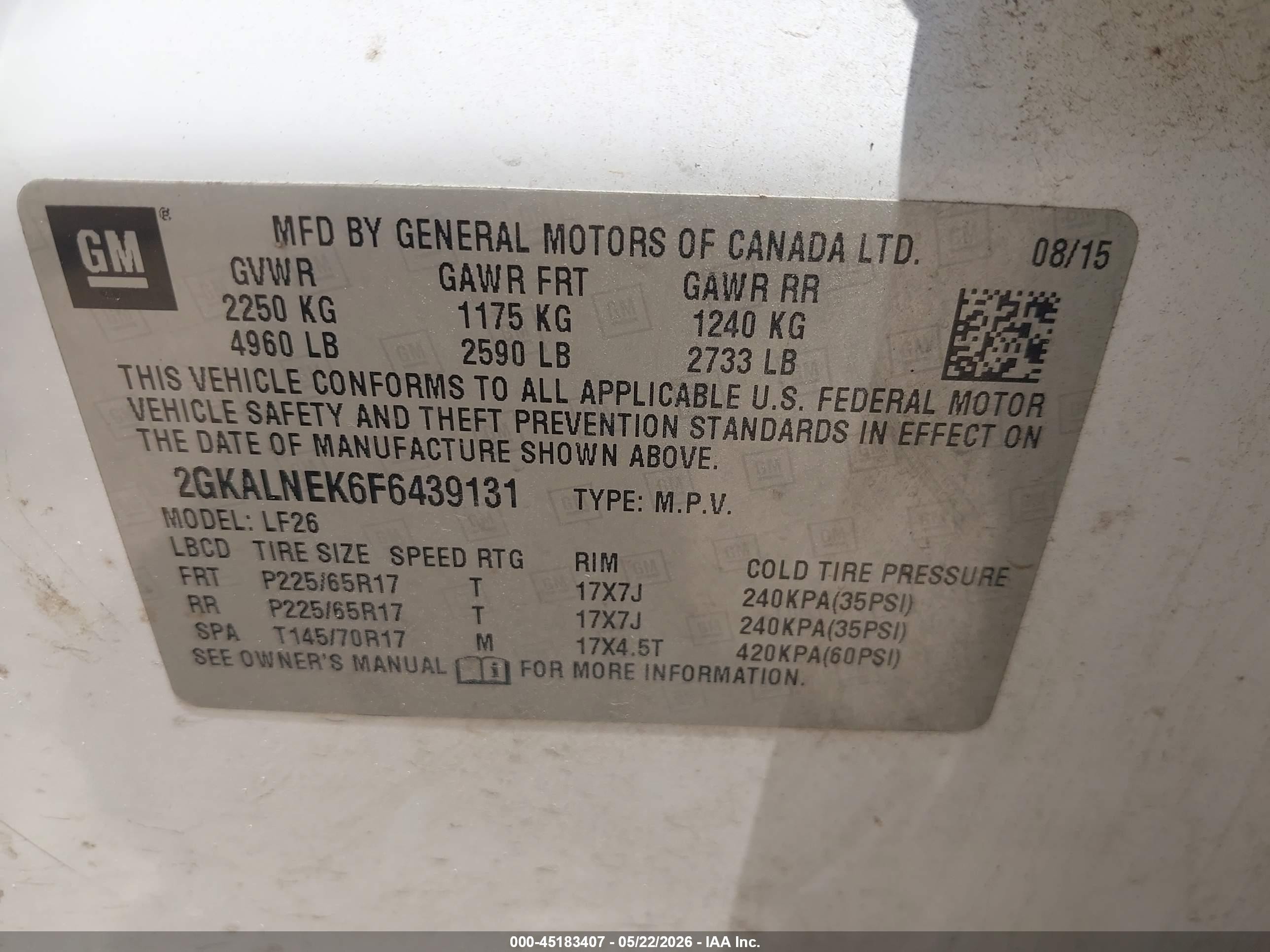 2015 Gmc Terrain Sl White vin: 2GKALNEK6F6439131