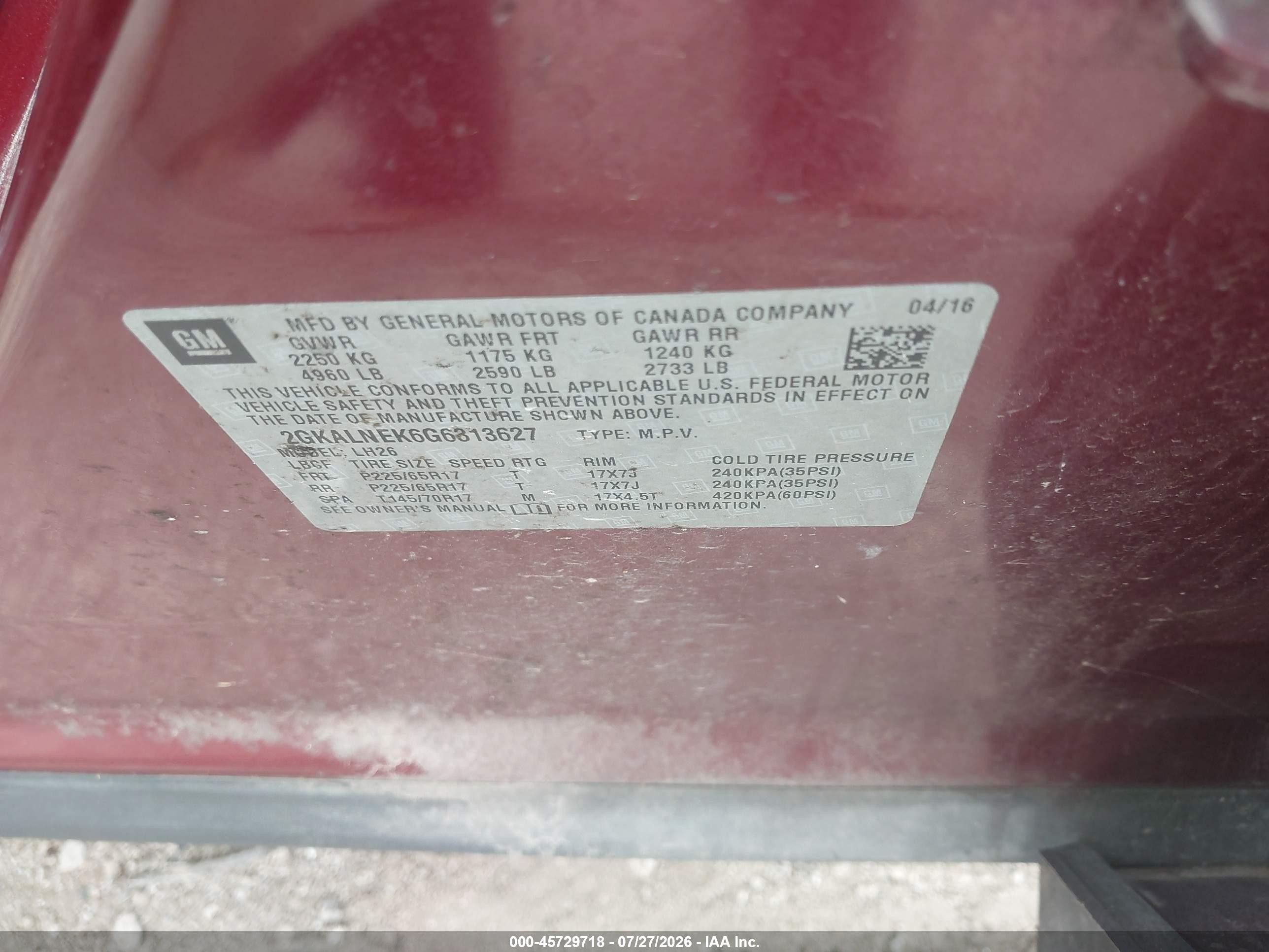 2016 Gmc Terrain Sle-2 Maroon vin: 2GKALNEK6G6313627
