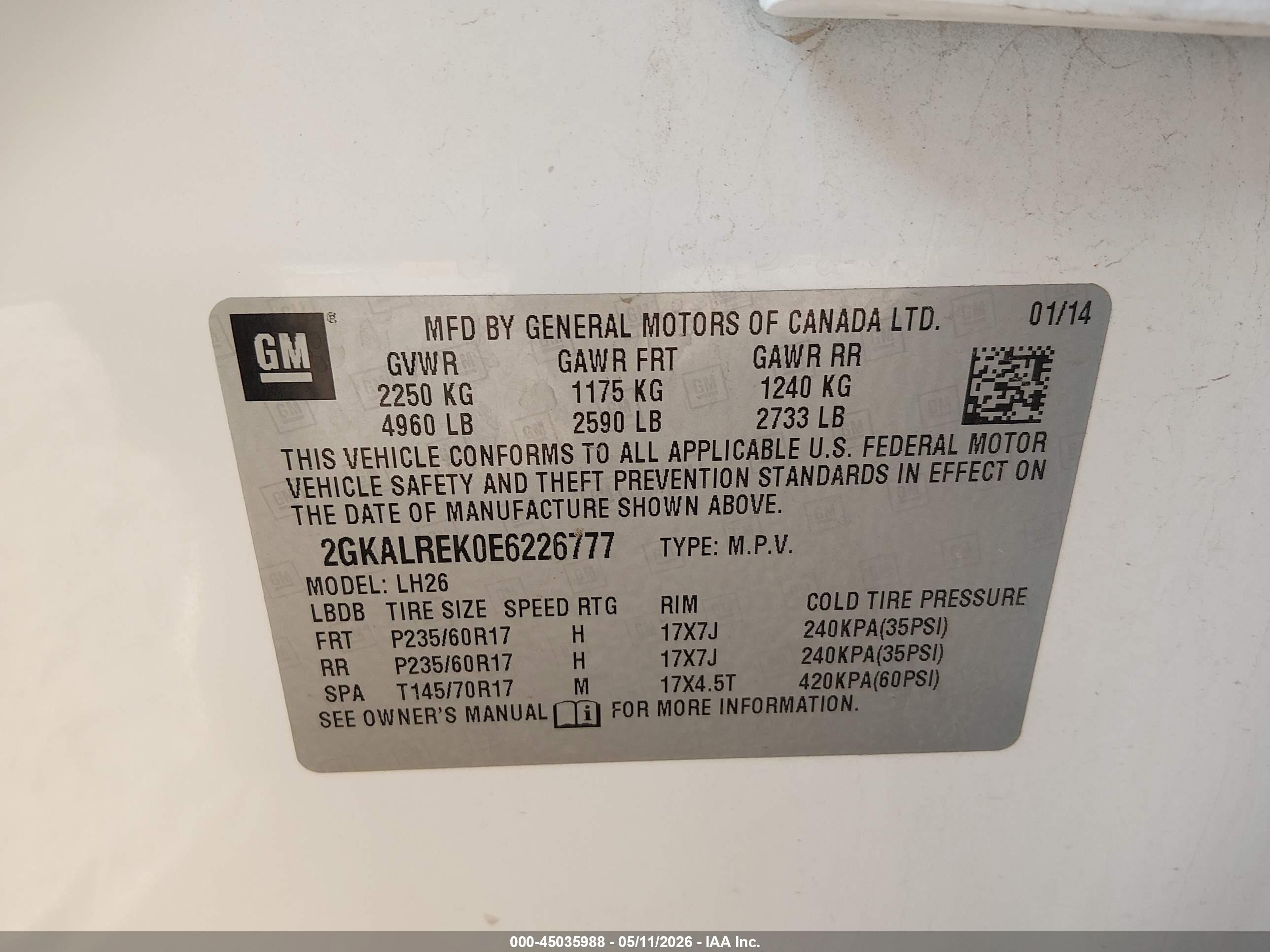 2014 Gmc Terrain Sle-2 White vin: 2GKALREK0E6226777